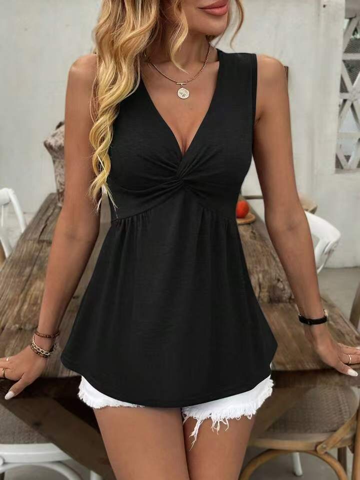 European And American Sleeveless V-neck Design avec une poitrine tordue et ridée