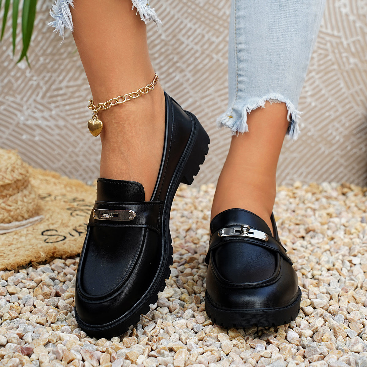 Femmes Classique Élégante Mode ronde orteil bloc bas talon Loafer en cuir Chaussures Élégante Versat