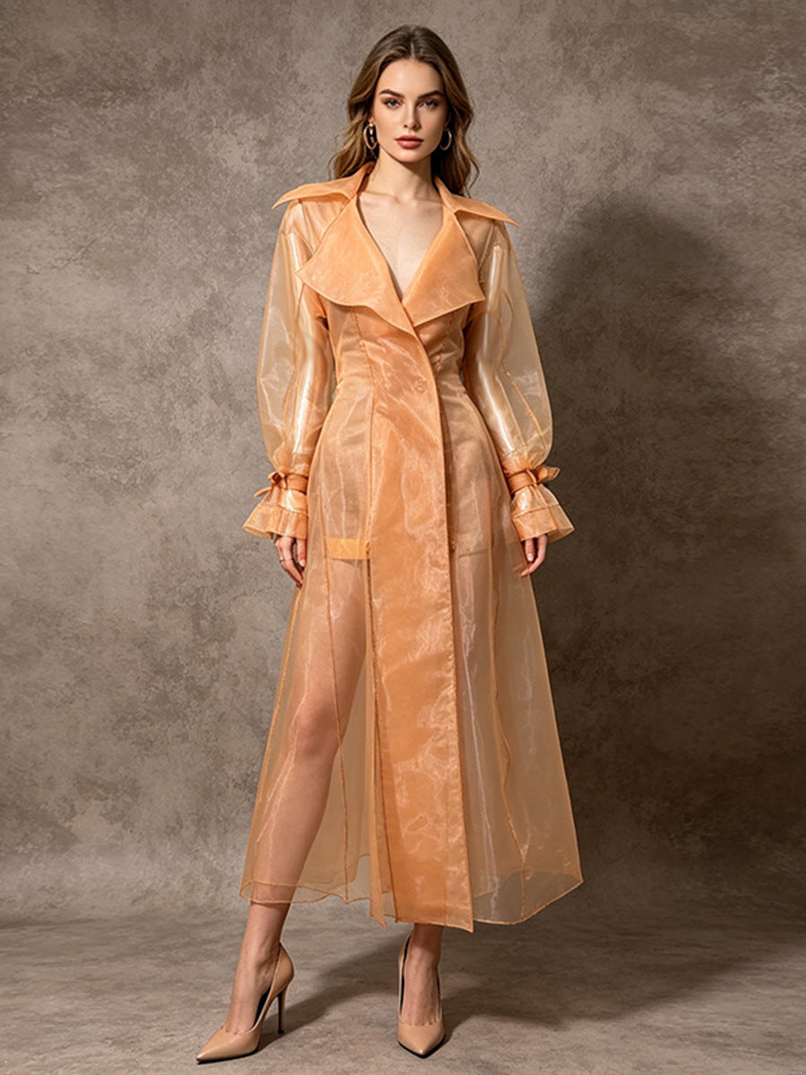 Sheer Organza Trench-Style Maxi Coat