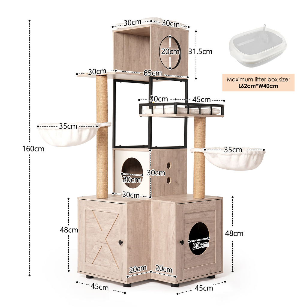 Arbre à chat multifonctionnel de 63" avec boîte à litière - Comprend un coussin lavable amovible