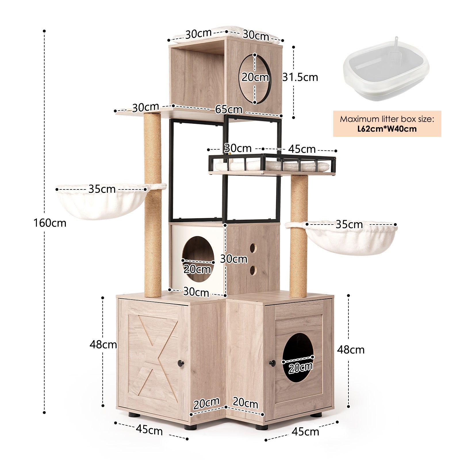 Arbre à chat multifonctionnel de 63" avec boîte à litière - Comprend un coussin lavable amovible
