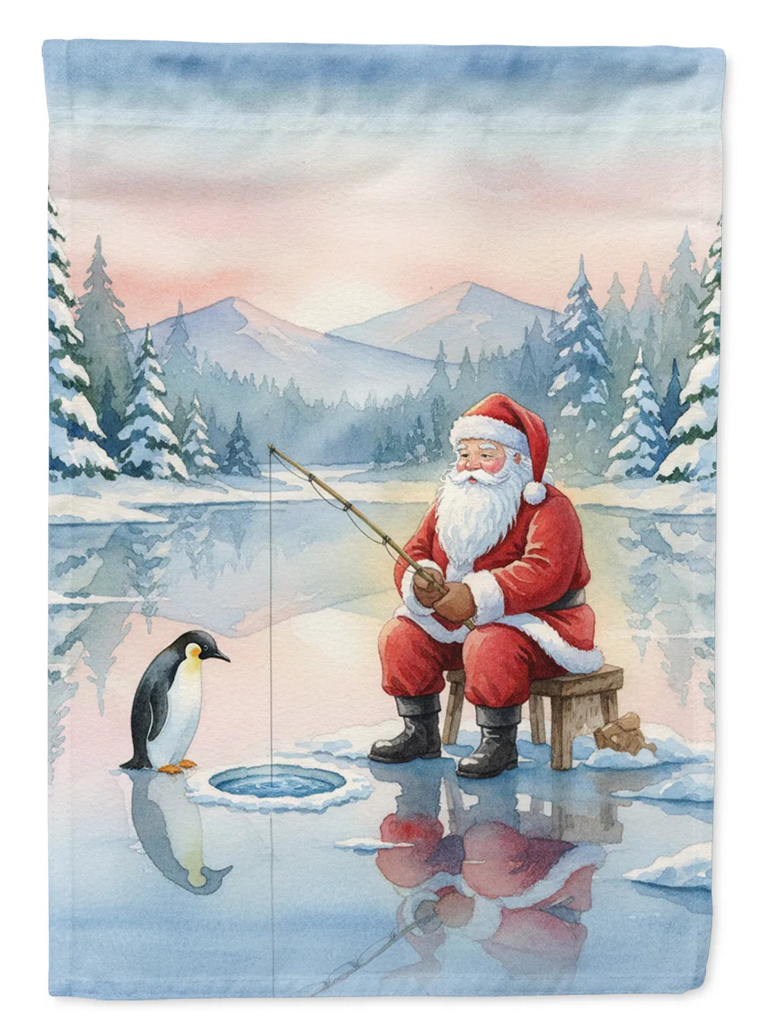 Père Noël Pêche sur la glace sur le lac Maison de Noël Drapeau Grande Manche Porc Pole Decorativ