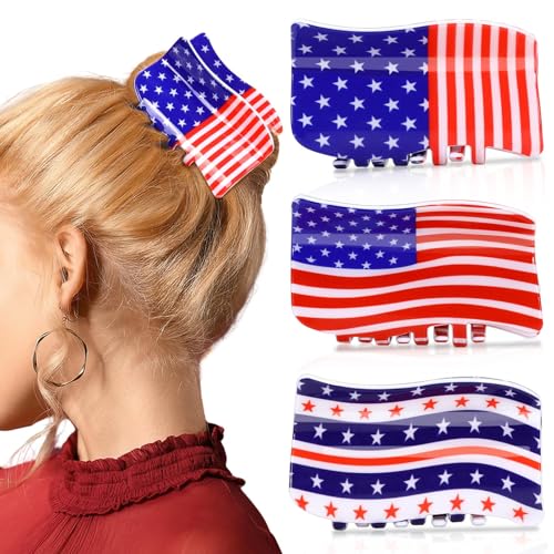 3Pcs American Flag Shaped Claw Clips USA Patriotic 4th Of Juillet Design Hair Accessories Rouge