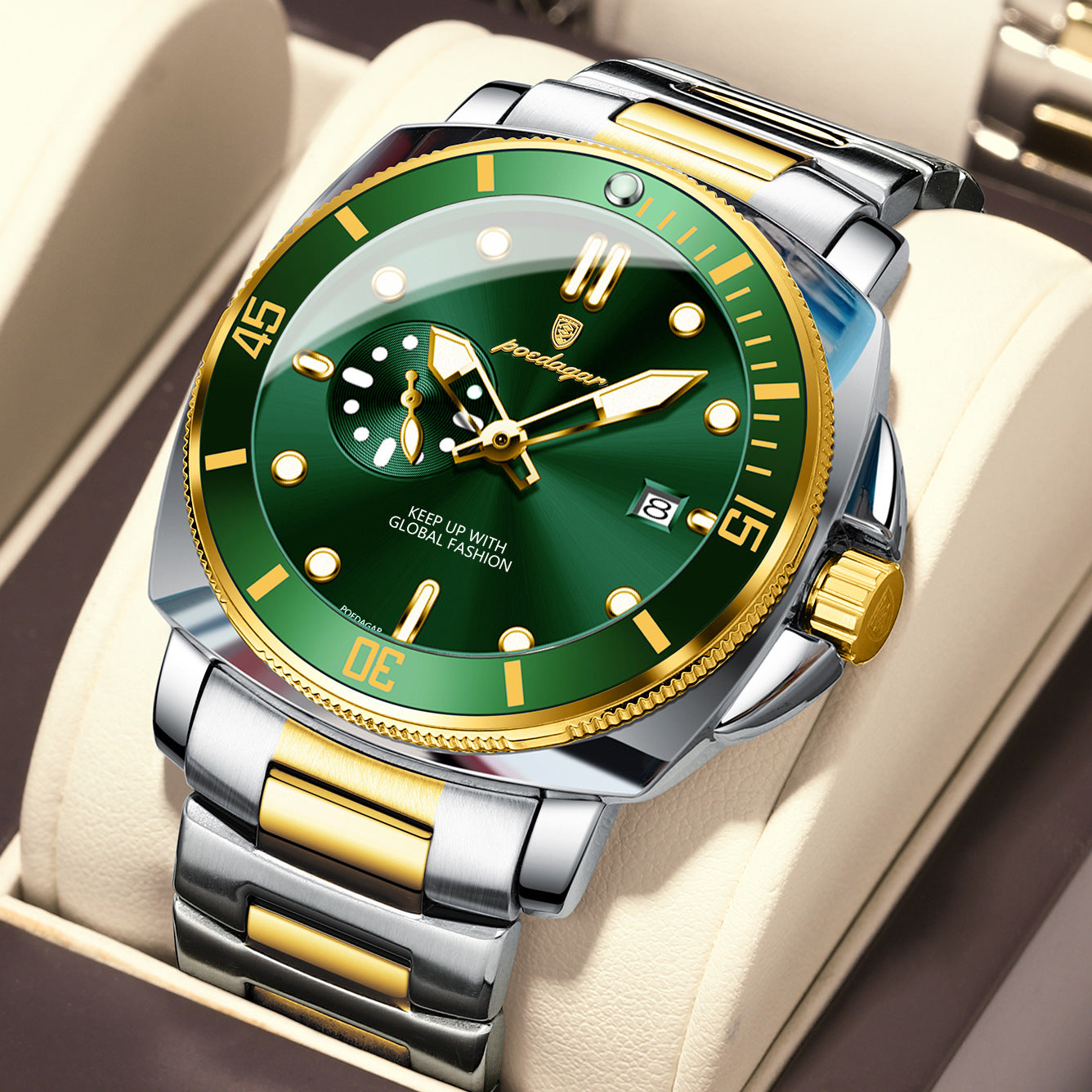 Homme Bande d'acier étanche Montre à quartz lumineux élégant