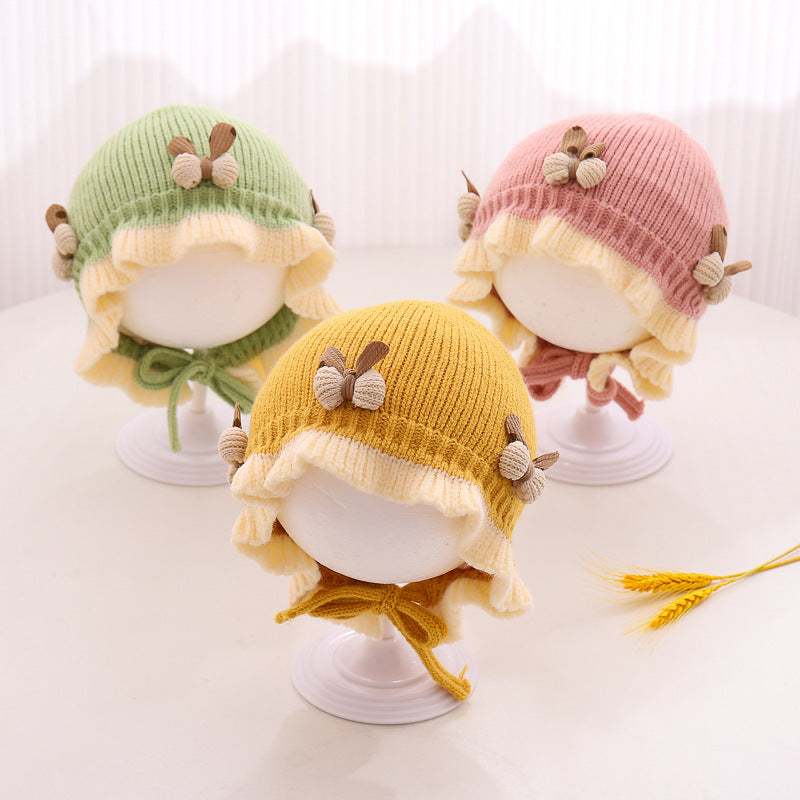 Automne et hiver Chapeau tricoté Mignon princesse fleur Bonnet bébé fille chaude Dentelle haut laine bras