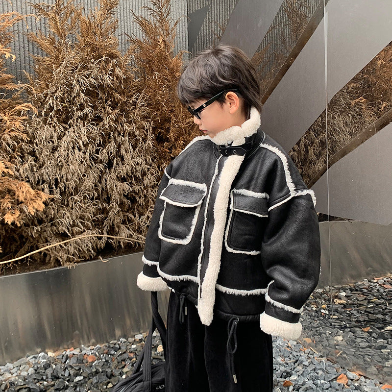 Veste en cuir de garçon Manteau rembourré polaire Automne et vêtements d'hiver