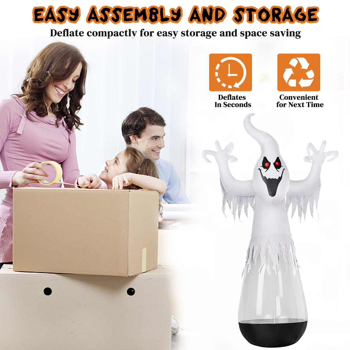 12 pieds gonflable Halloween Decor demi-corps PVC clair Fantôme blanc avec 2 lumières LED & 1 étrier