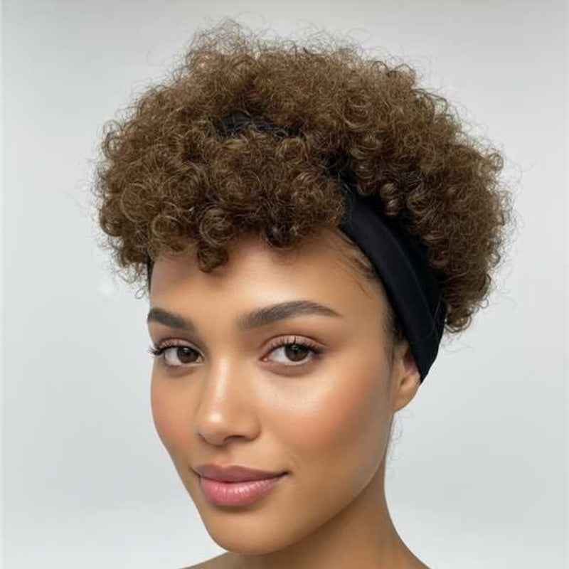Cheveux humains, perruque courte brune, sans colle nécessaire, fluffy et curly, spécialement conçu F