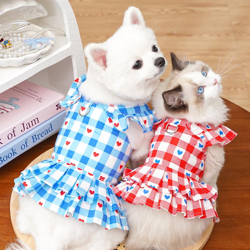 Rouge Plaid petite robe de chien fille printemps vêtements de chat avec patron de coeur été robes de Pet Fo