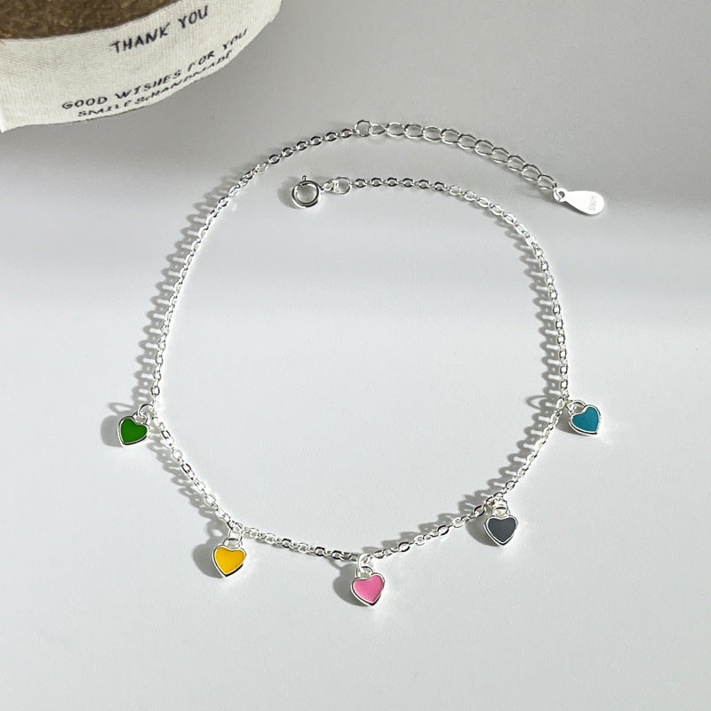 925 Argent Sterling Coeur coloré huile-dépôt de cheville pour les femmes