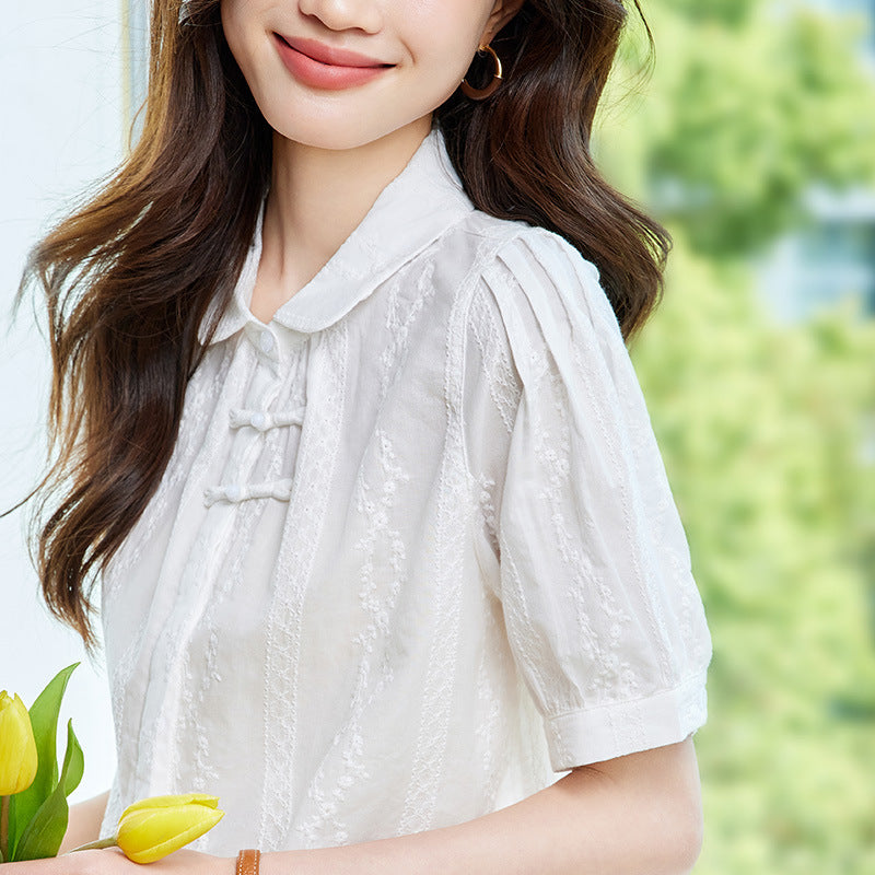 Embroidered Apricot Short Sleeve Shirt with Knots and Buttons