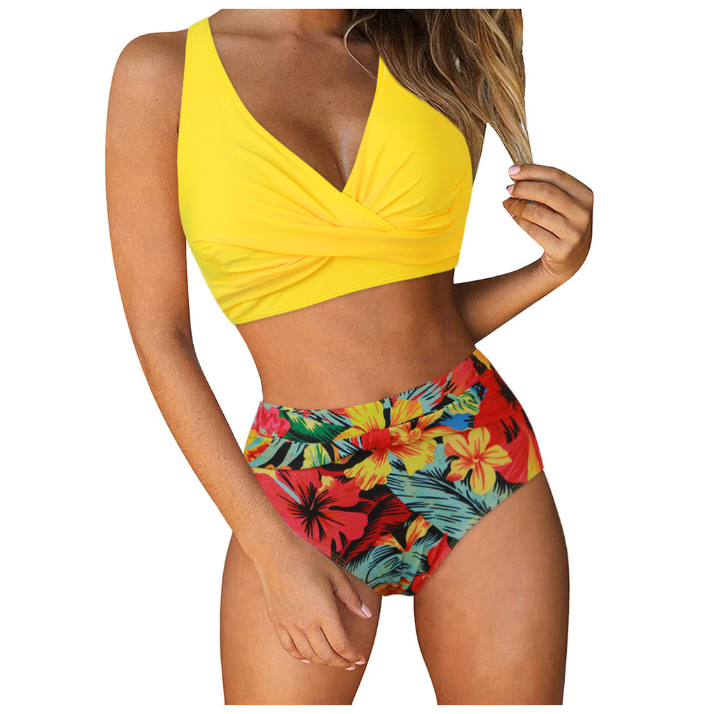 Maillot de bain deux pièces pour femmes - Bikini imprimé floral avec fond haut coupé et haut de push up