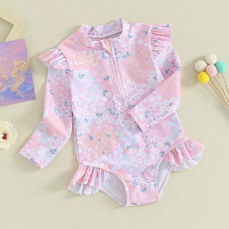 Bébé 9M-5Y Tout-petit Enfant Fille Maillot de bain Ruffle Floral Imprimer manches longues Zipper Swimwe