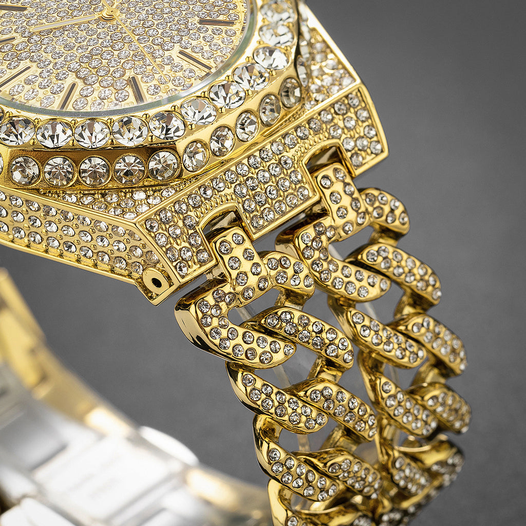 Homme Hip Hop Iced Diamond Mode Cuban Link Chaîne Horloge Quartz