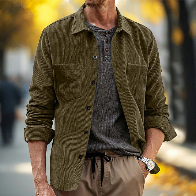 Homme Corduroy manches longues Casual Pocket Lapel Veste chemise