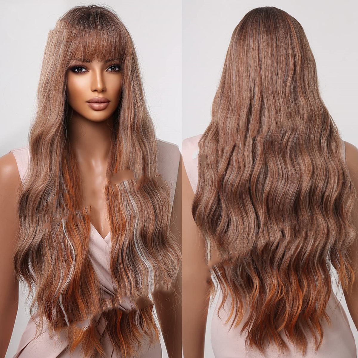 Marron foncé teint Marron clair Bangs Long Curly Perruques Mécanisme Tête