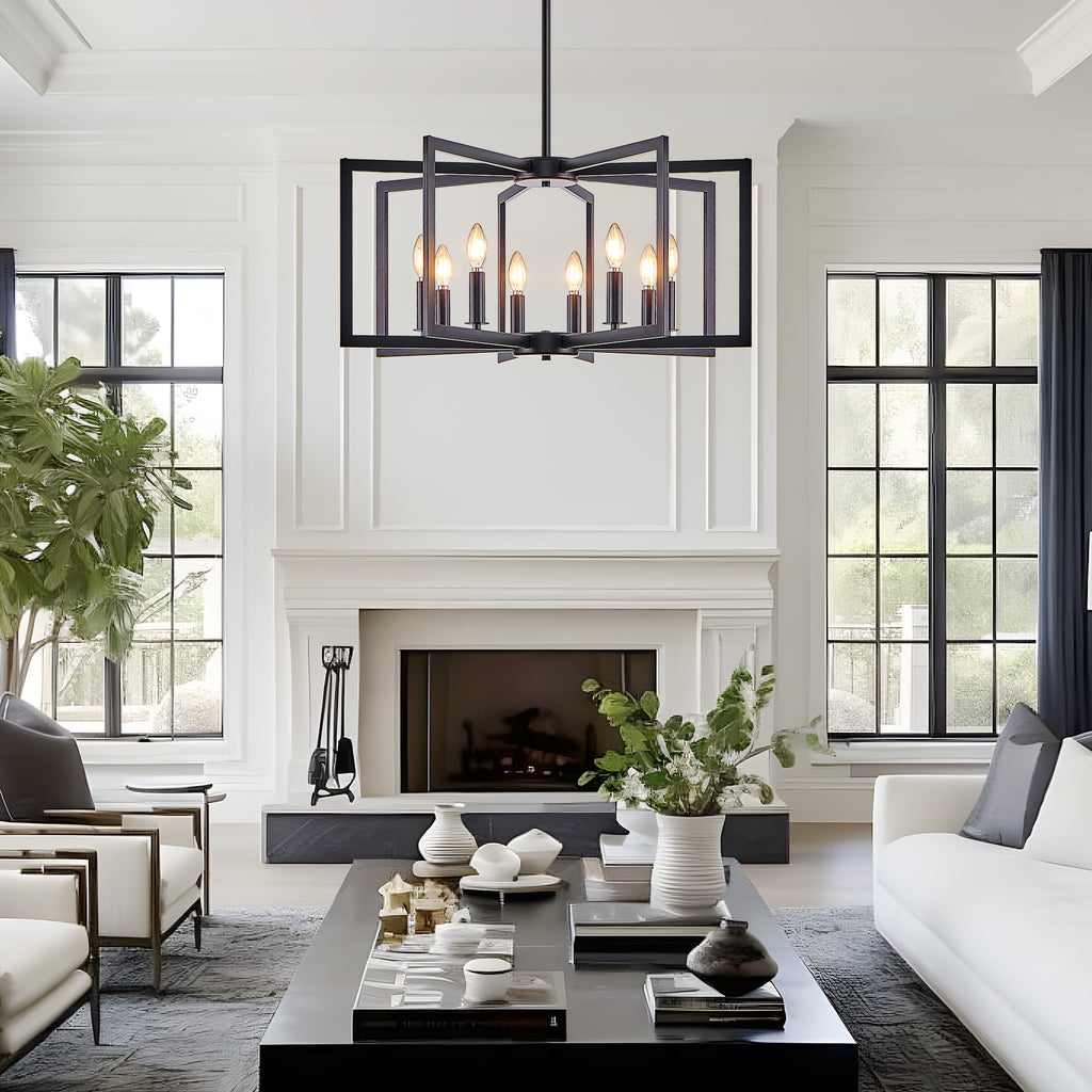 Chandelier 8-Light Geometric Noir moderne de 27" – Luminaire pendentif métallique industriel pour
