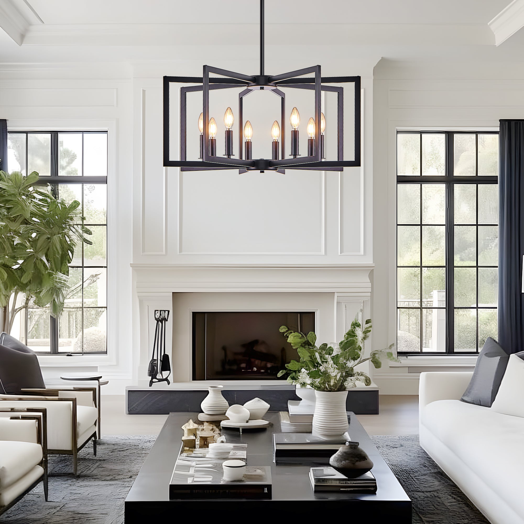 Chandelier 8-Light Geometric Noir moderne de 27" – Luminaire pendentif métallique industriel pour