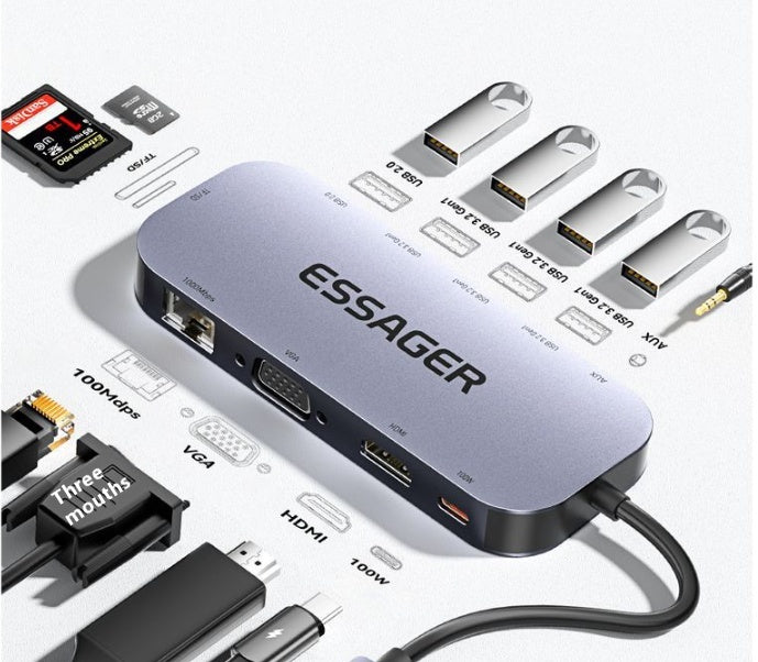 11-en-1 Expansion Dock Typ-c HUB Multi-fonctions Gigabit Port Câble Seperater