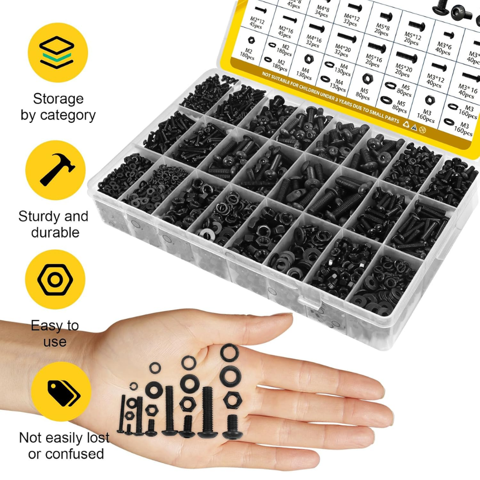 2200PCS M2 M3 M4 M5 Vis métriques Kit d'assortiment hexagonal Bouton de tête de socket Machine à vis