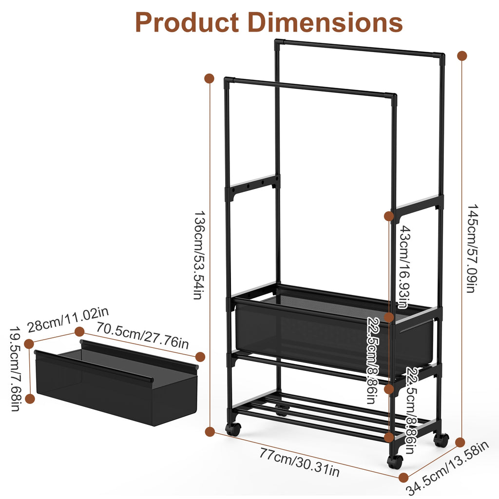 1Pc Double Rods Garment rack avec sac de rangement Portable rack de vêtements avec étagères verrouillables