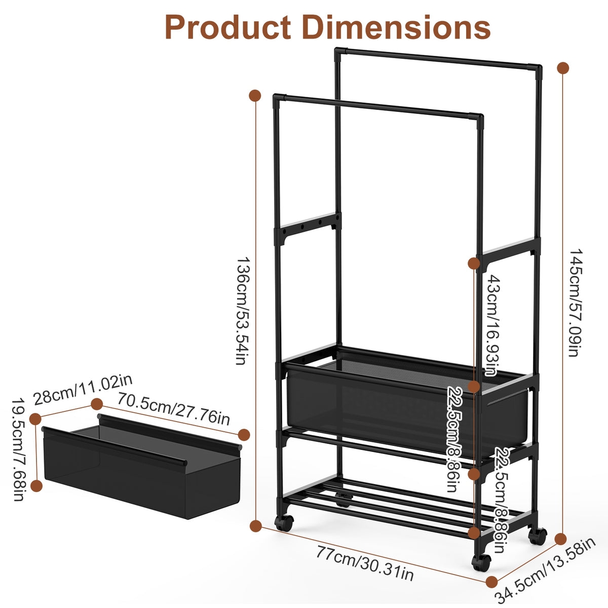 1Pc Double Rods Garment rack avec sac de rangement Portable rack de vêtements avec étagères verrouillables