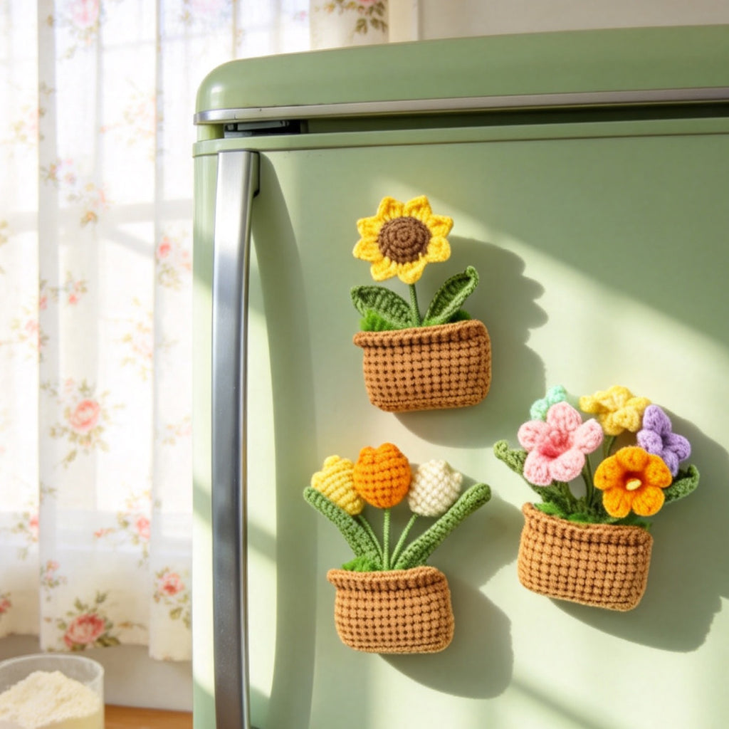 Crochet à la main carré pot vert plante ensemble trois pièces avec lavande multicolore Tulip V