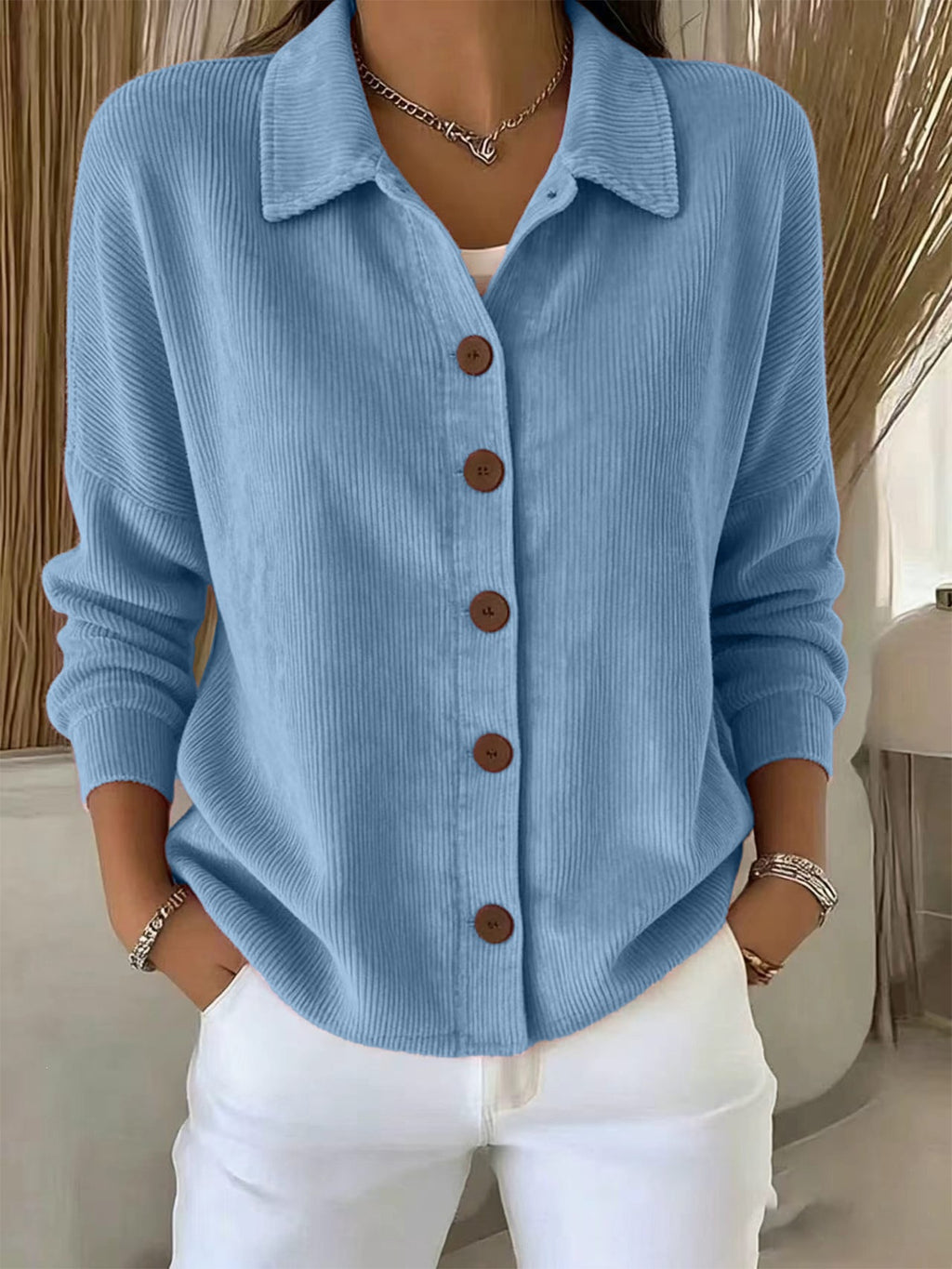 Européen et américain Solid Color Cardigan à manches longues Casual Fashion Button-Up Top Femmes'