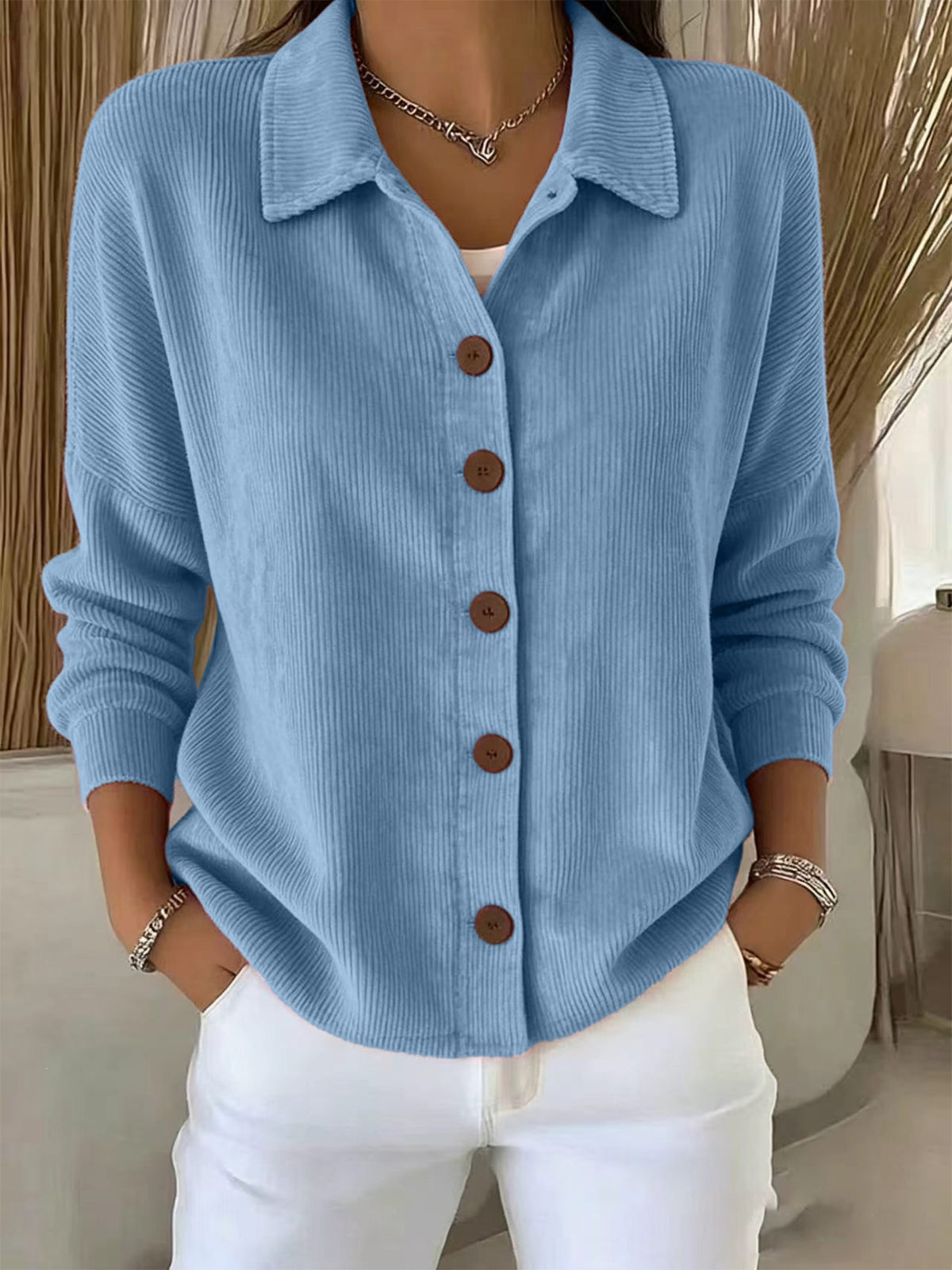 Européen et américain Solid Color Cardigan à manches longues Casual Fashion Button-Up Top Femmes'