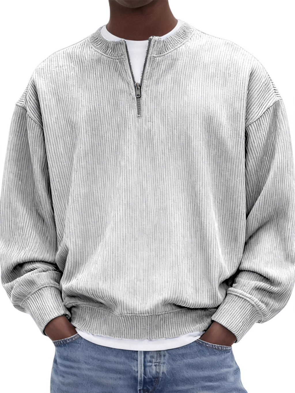 Casual hommes manches longues Corduroy Top avec un collier debout et une demi-zip