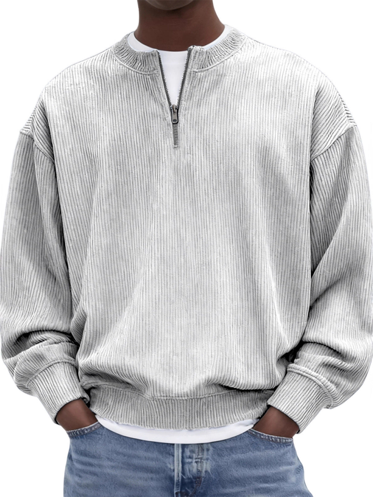 Casual hommes manches longues Corduroy Top avec un collier debout et une demi-zip