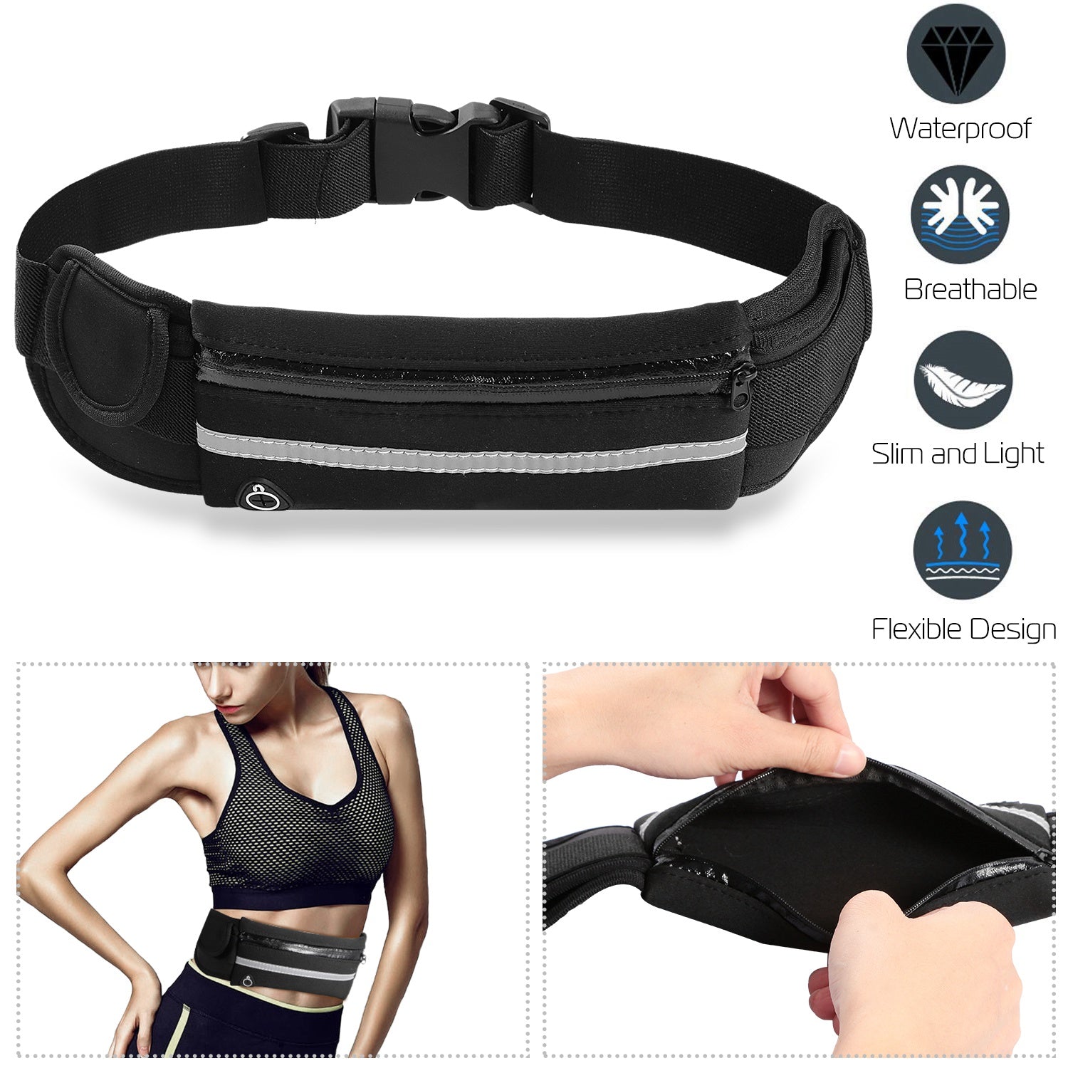 1Pc Sports Waist Bag Running Belt Pack Waterproof Waist Pouch réglable