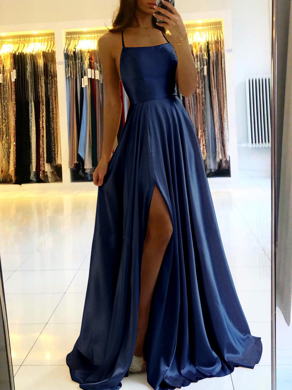 Robe de style européen et américain longue d'Amazon Slim Strap dos à dos Robe haute fente Danc
