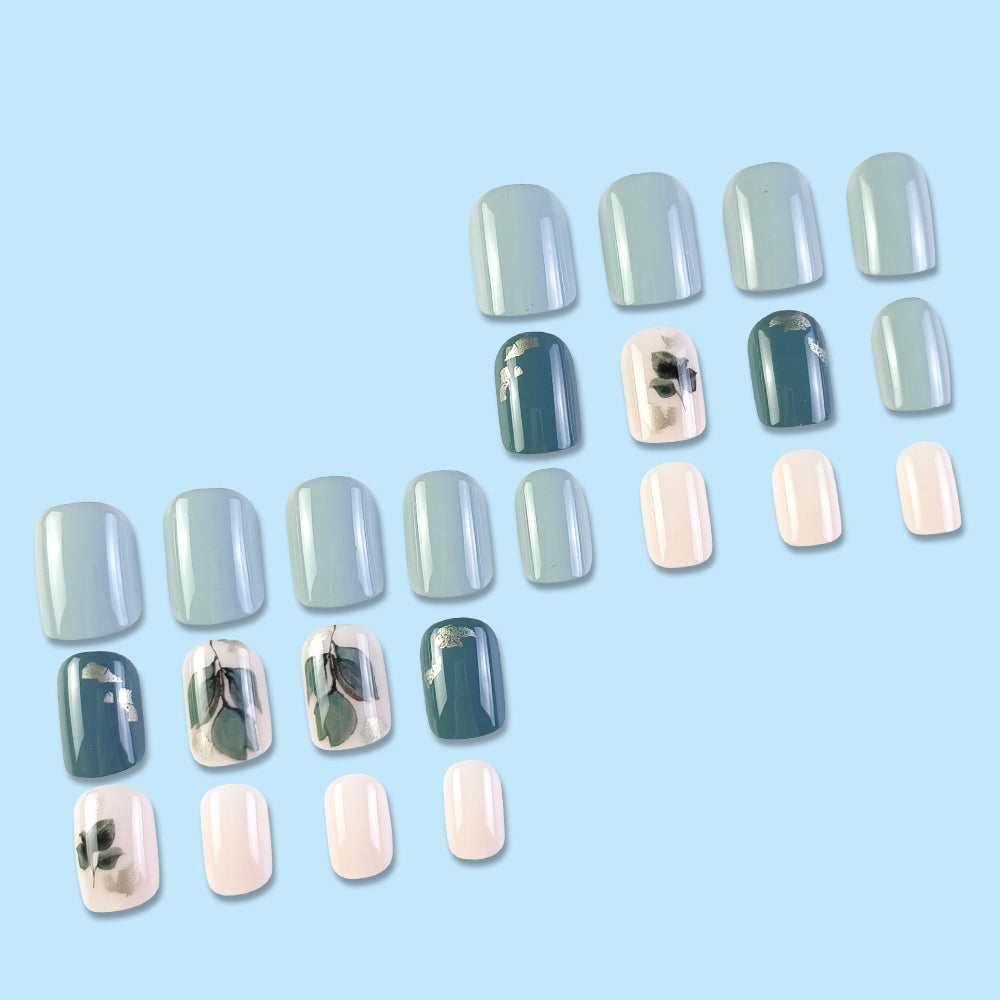 Sets d'ongles de conception de feuille verte minimaliste carré 24 pièces pour la fête et la danse