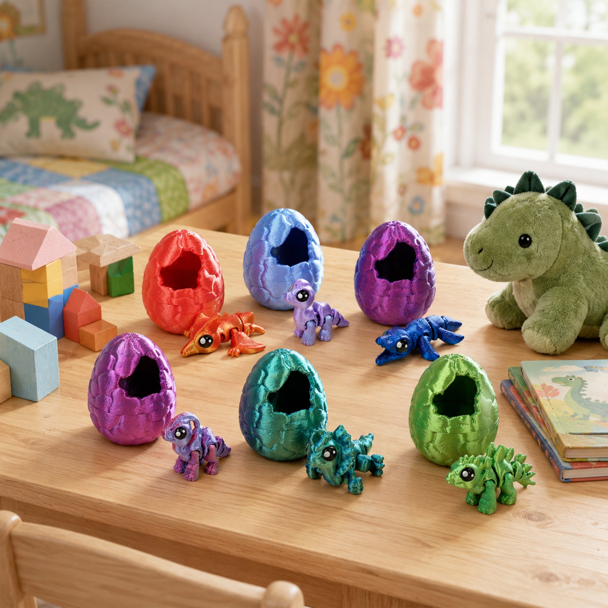 6PCS Dinosaures articulés imprimés 3D avec 6 oeufs de dinosaure ouverts Couleurs assorties