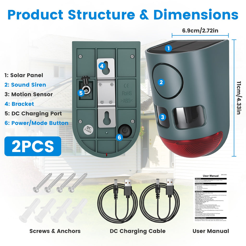 2Pack OU 1Pack Option 3-En-1 Ultrasonic Solar Animal Repeller Motion Actived Animal Repe