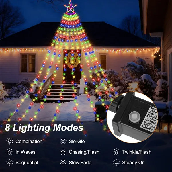 1Pc 11.48FT 350LED Multicolored Christmas Star Waterfall Tree String Light Indoor Outdoor