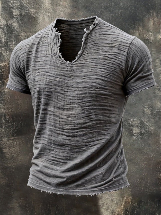 T-Shirt rétro doublé de coton avec l'ourlet en plumes et un manches courtes distinctive V-Neck