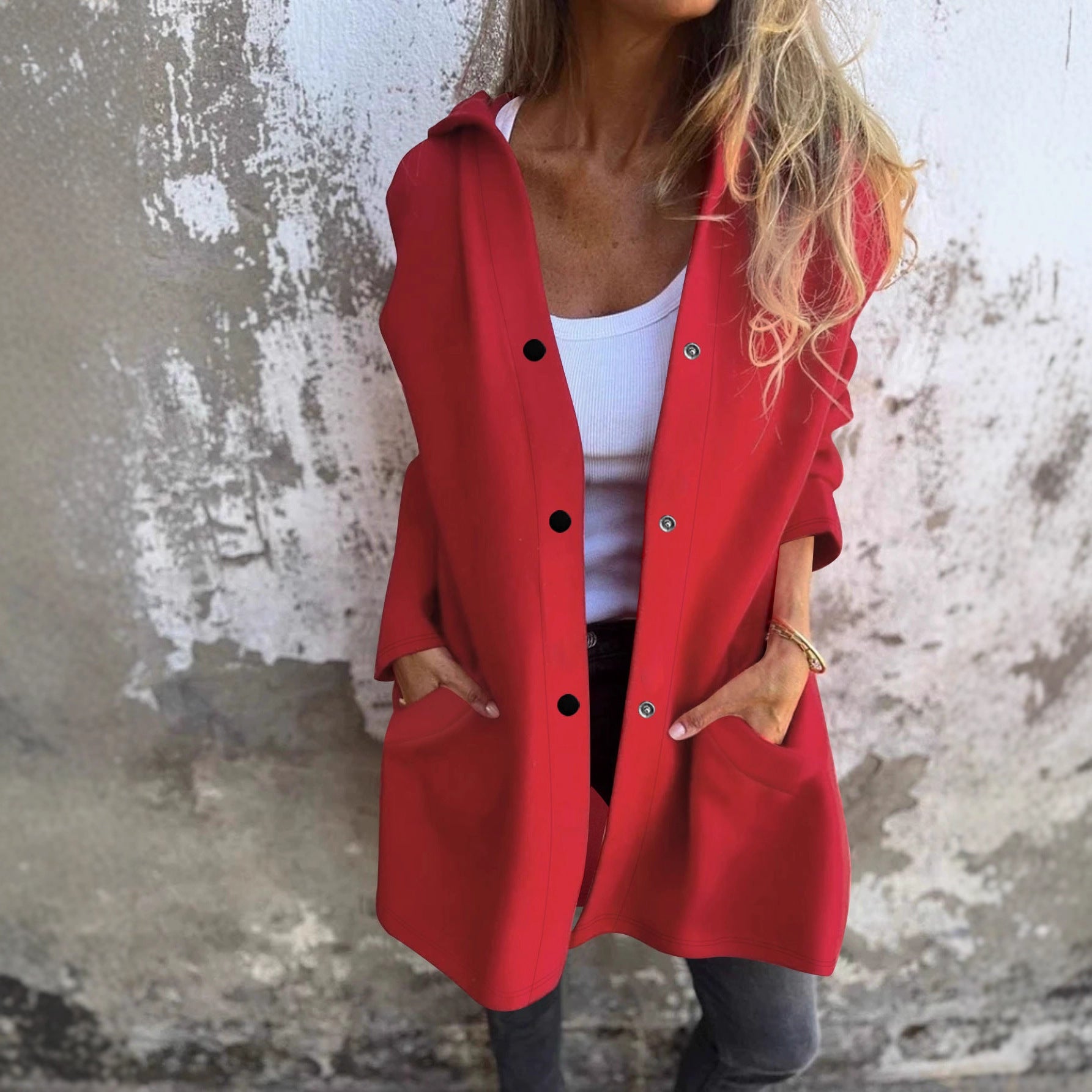 Femmes Bouton à capuche Cardigan à manches longues Loose Mid Longueur Coat Casual Outerwear avec