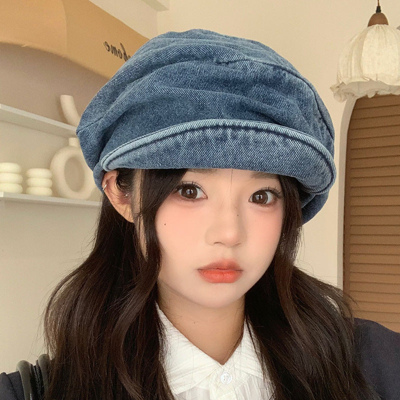 Beret de denim plissé pour femmes de style japonais