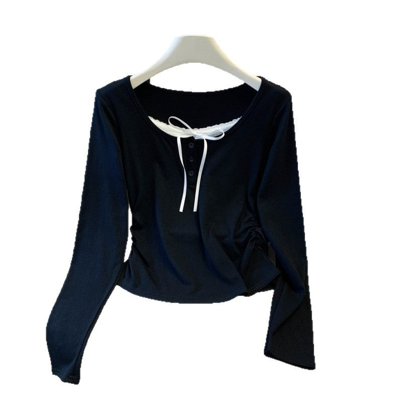 Dentelle Faux T-shirt à manches longues à col carré deux pièces