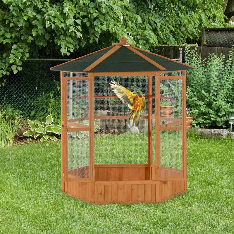PawHut 69 En bois Hexagonal En plein air Aviaire Cage d'oiseau avec toit couvert