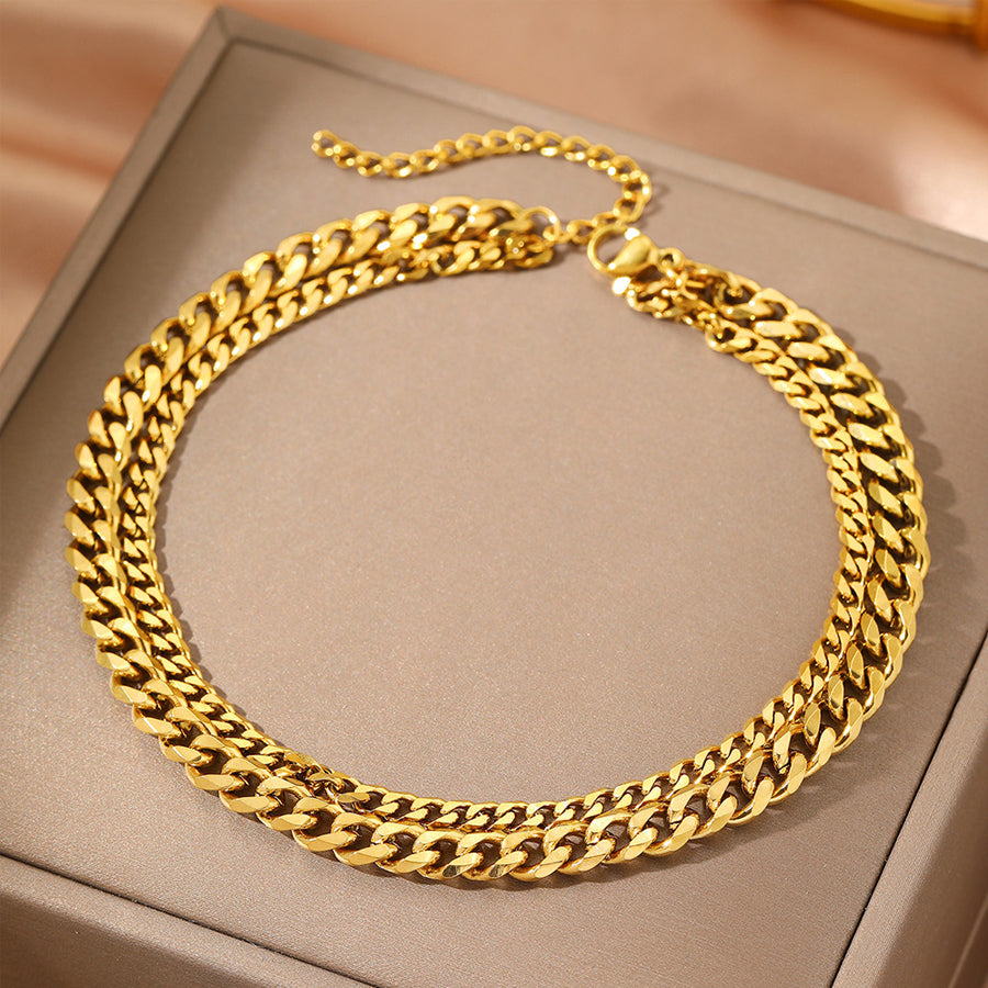 2Pcs Femmes Double couche Cuban chaîne Anklet or argent ton en acier inoxydable réglable Cur