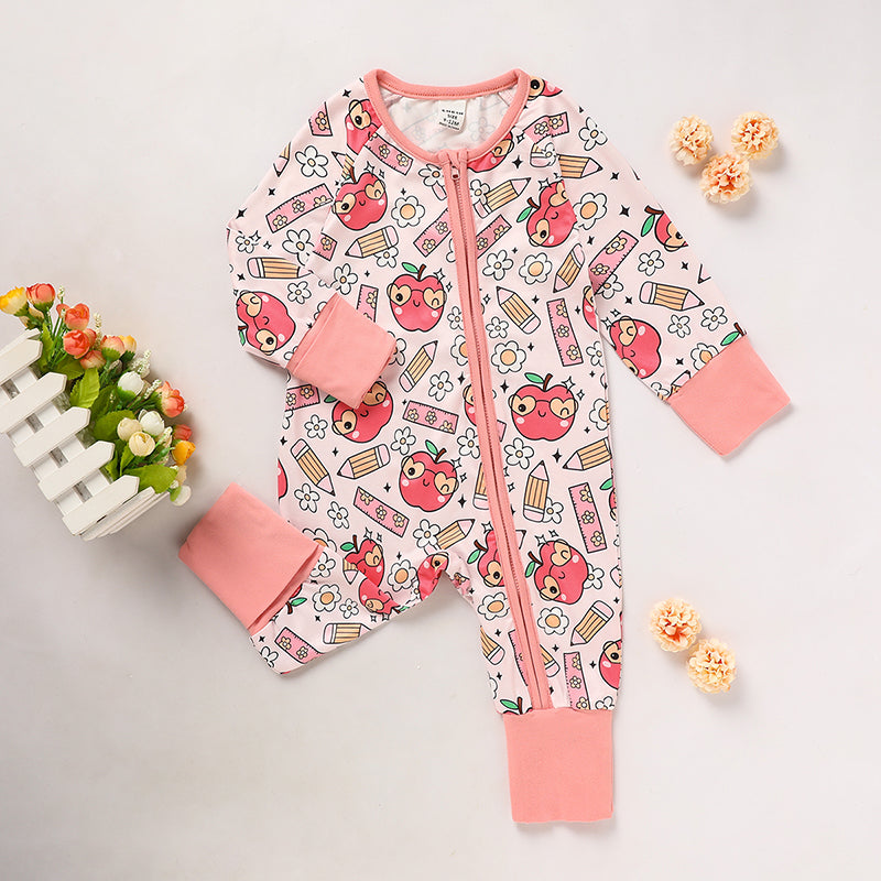 Adorable bébé Romper pour retour à l'école Apple et crayon imprimé longue manches combinaison de saut Outf