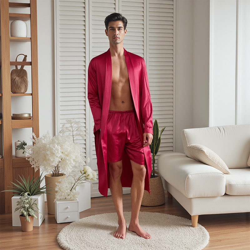 Hommes Pajama Robe et Shorts Set Couleur Solide pour usage domestique