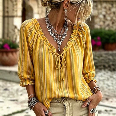 T-shirt V-Neck à manches rayées imprimé pour femmes