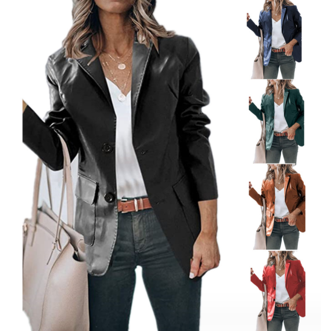 Lapel Single Breasted Solid Color PU Cuir Manteau Femme