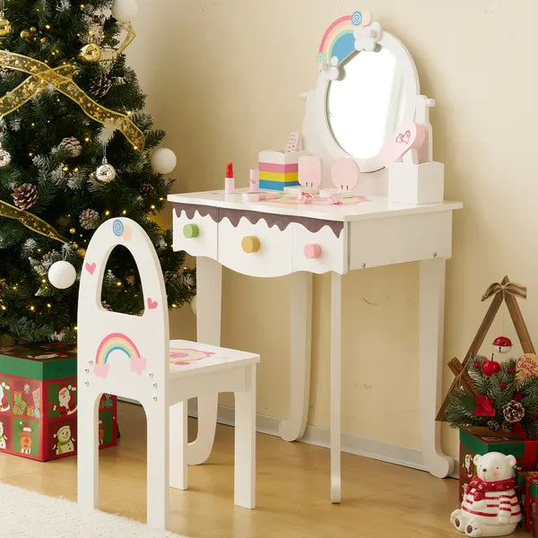Kids Vanity Table et jeu de chaise avec 7pcs Pretend Jouets de maquillage de jeu