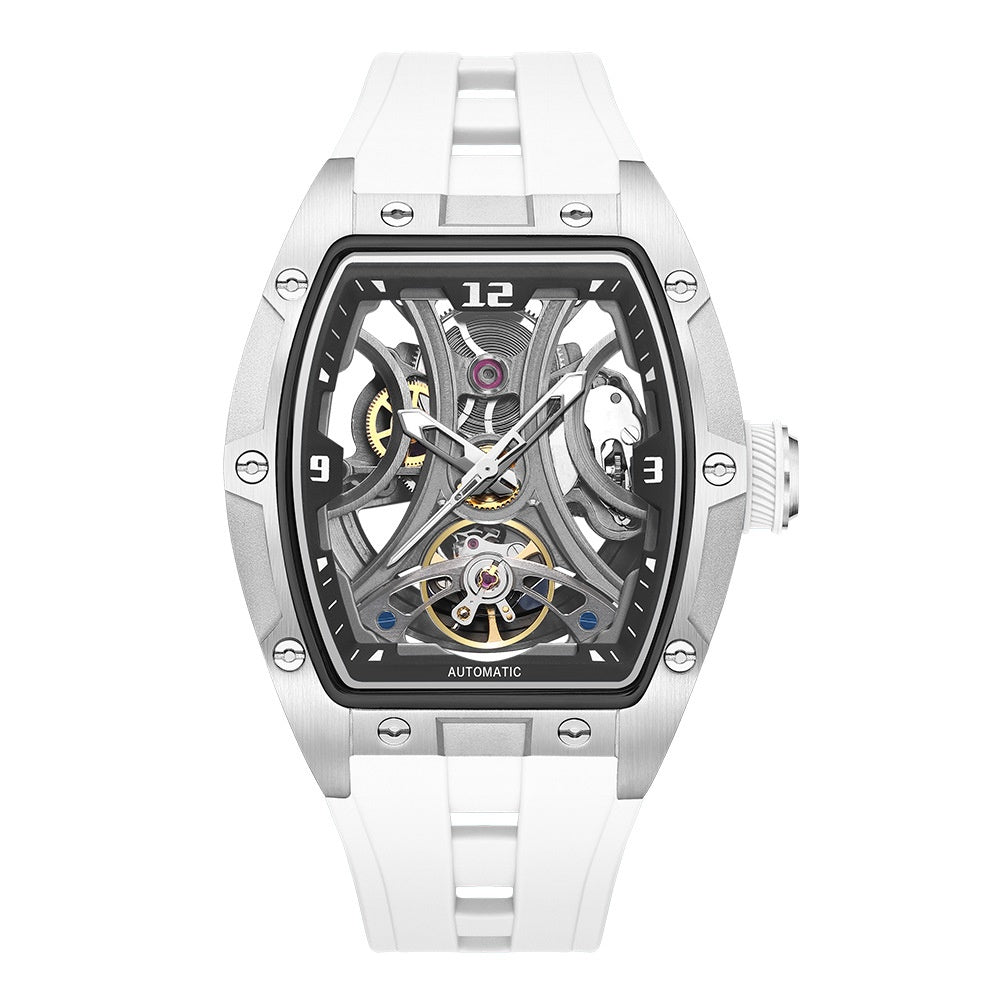 Montre en forme de barrique avec un boîtier en acier Mouvement automatique à squelette complet