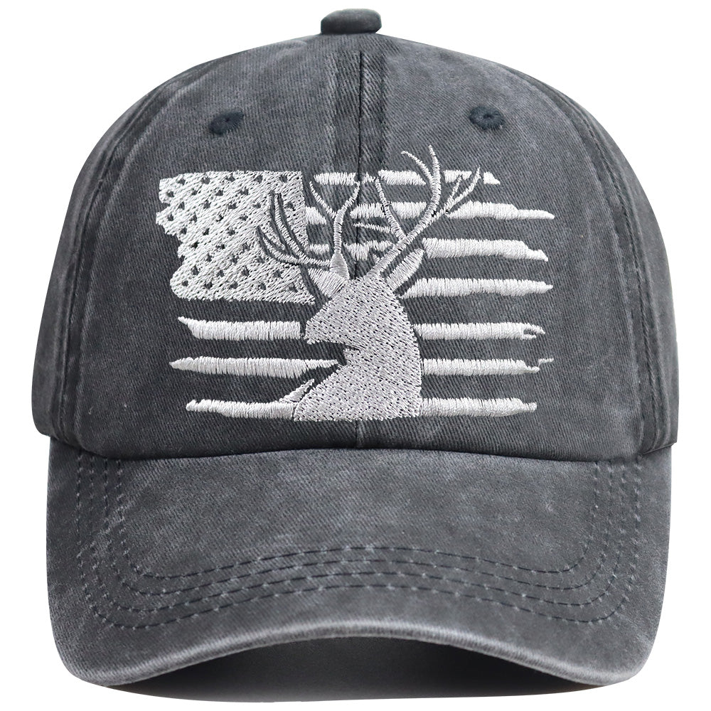 2pcs American Flag Deer Embroidered Baseball Cap - Vintage Washed Cotton Hat